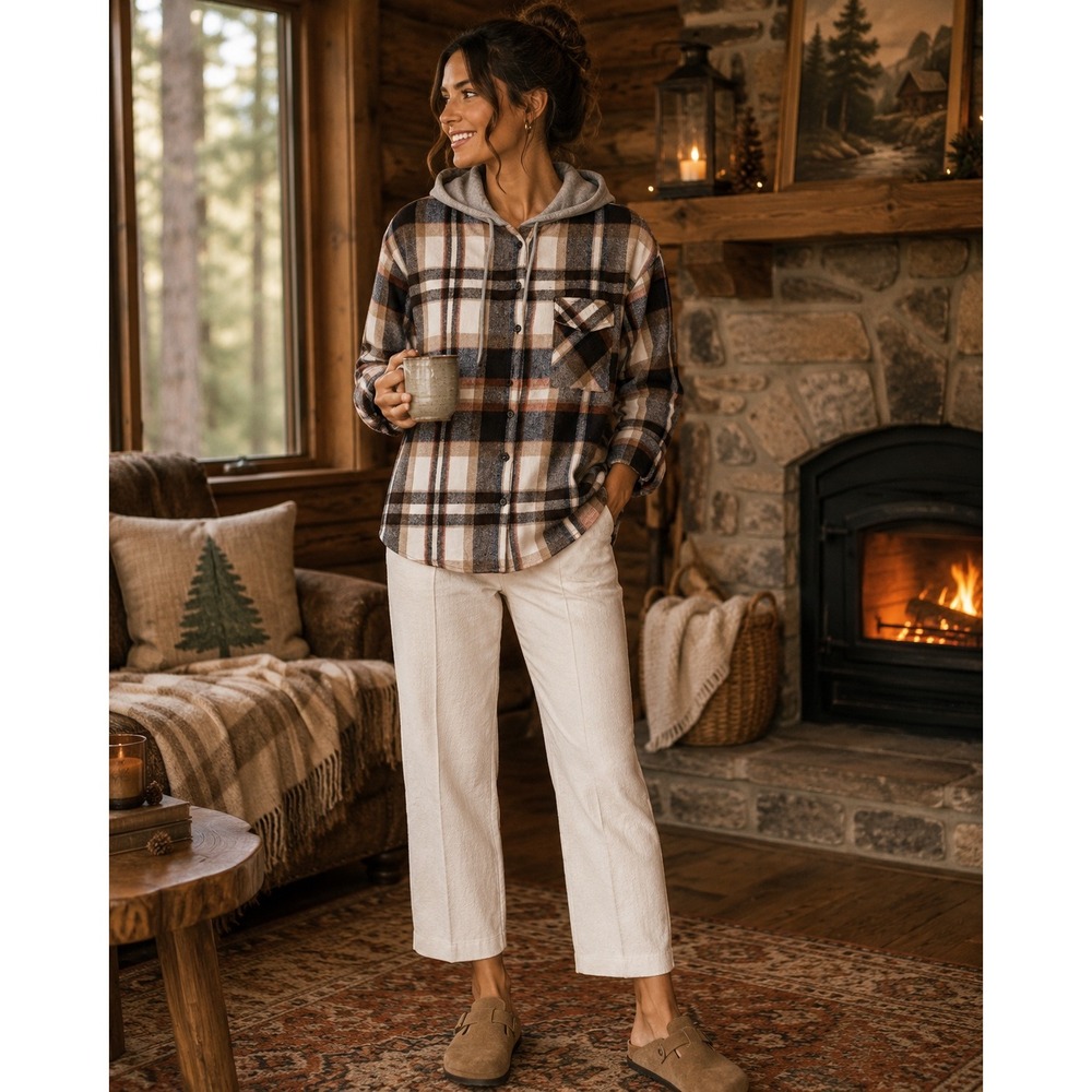 Cabincore Plaid Hooded Shacket Brown Cream Button Front Cozy Rustic L NWT